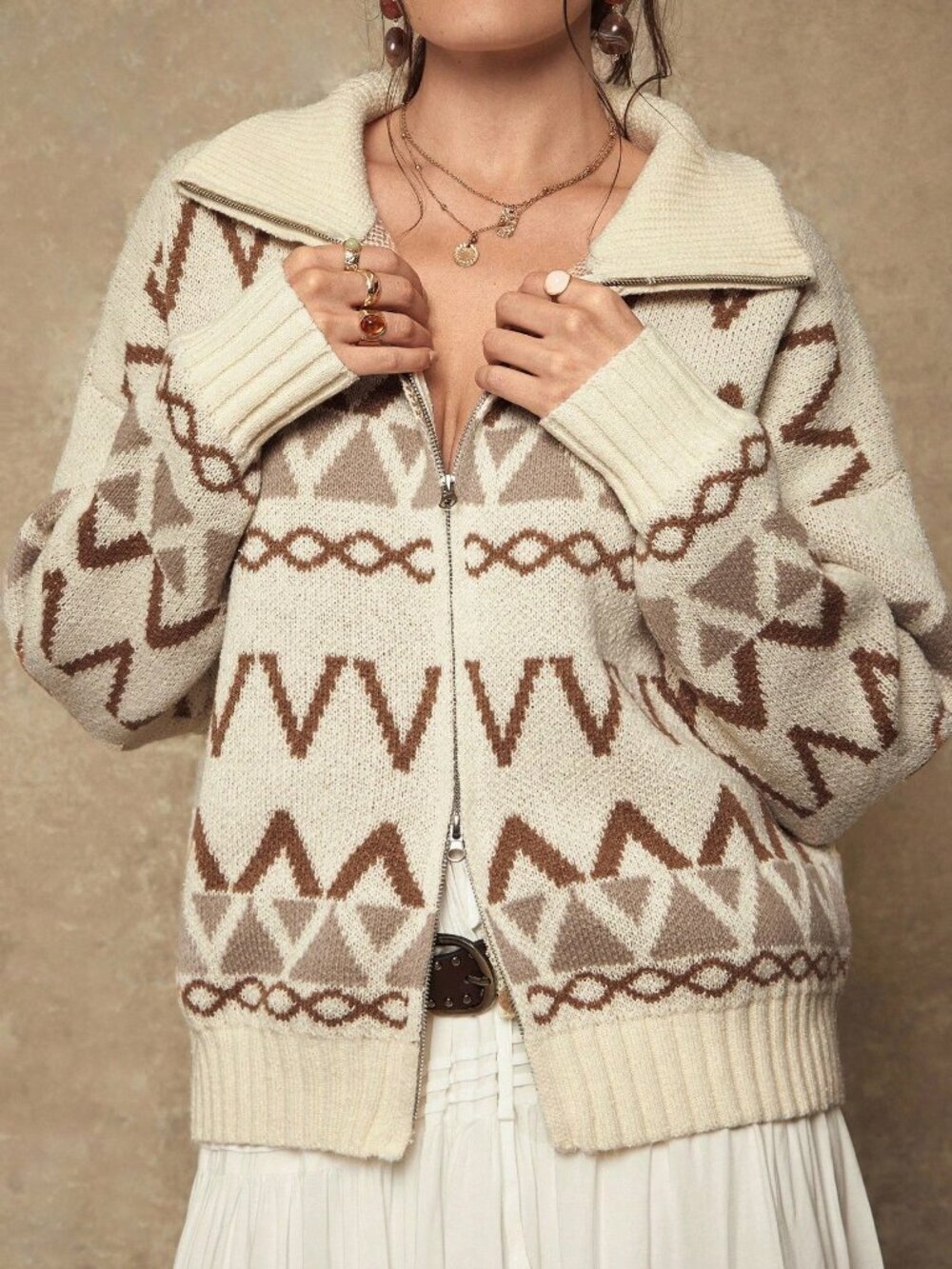 Beige Casual Women's Plus Size Geometric Print Zip-Up Cardigan